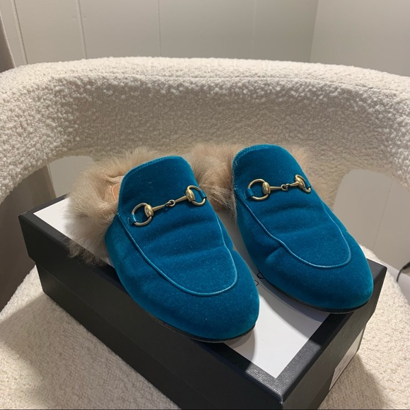 GUCCI PRINCETOWN TEAL VELVET LOAFER WITH FUR! SZ 37! - Picture 2 of 4